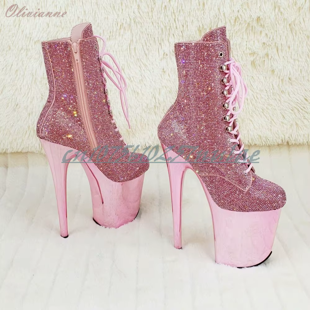 Bottes mi-mollet à lacets roses scintillantes pour pole dance, talons aiguilles, chaussures sexy pour femmes, performance printanière sur scène