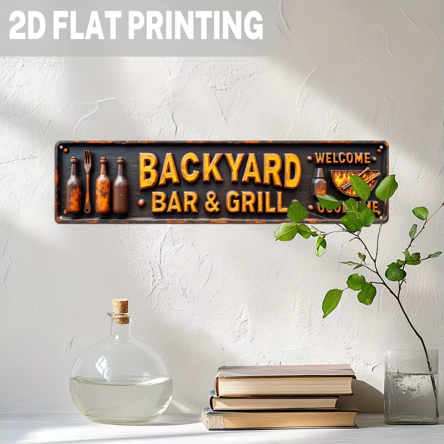 2D plat - [2D plat] Design 2D - un panneau métallique pour bar et barbecue dans une ferme - Impression 2D, thème de fête de barbecue vintage, kit