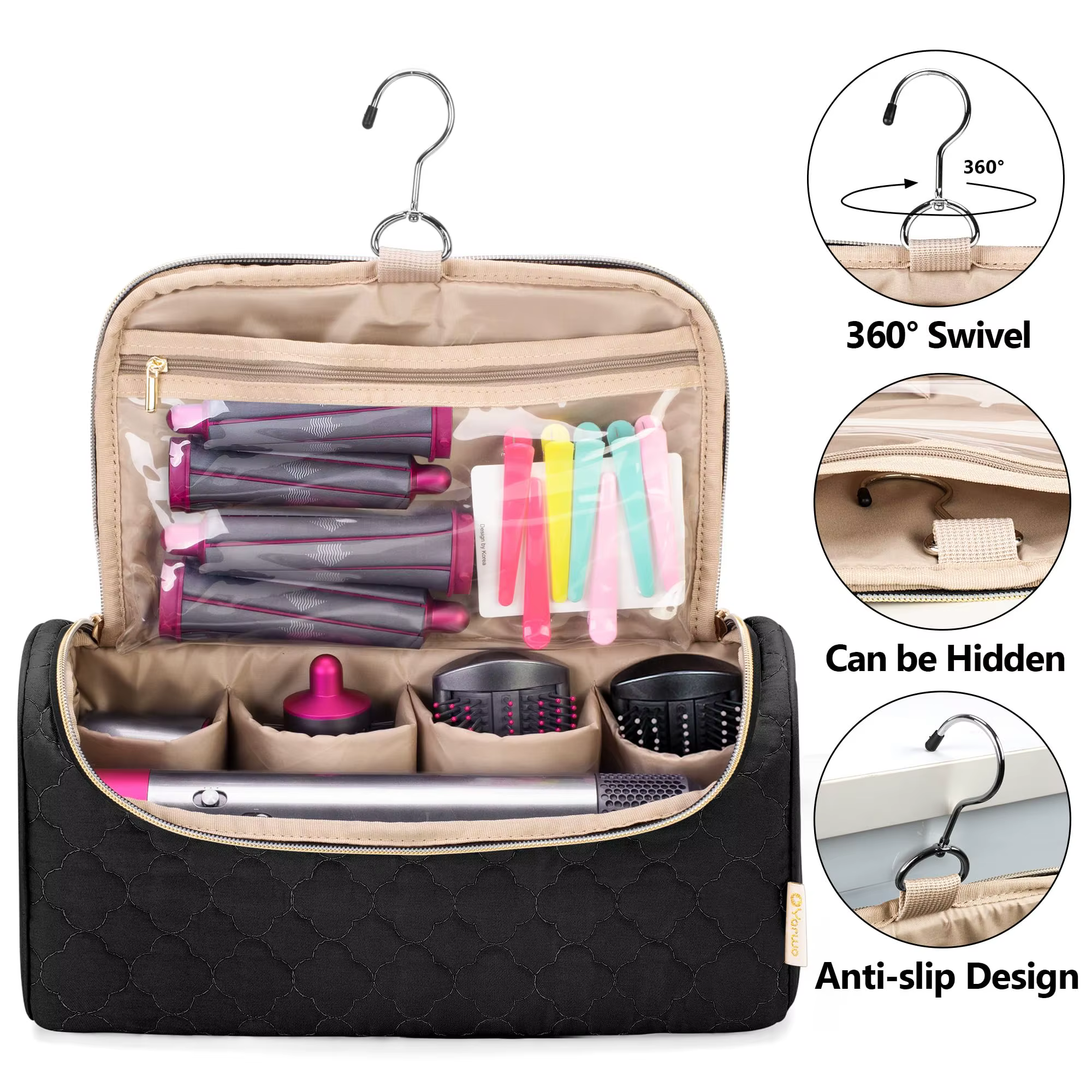 Étui de voyage compatible pour Dyson Airwrap Multi-Styler tous les modèles et accessoires, sac de rangement portable avec crochet de suspension noir