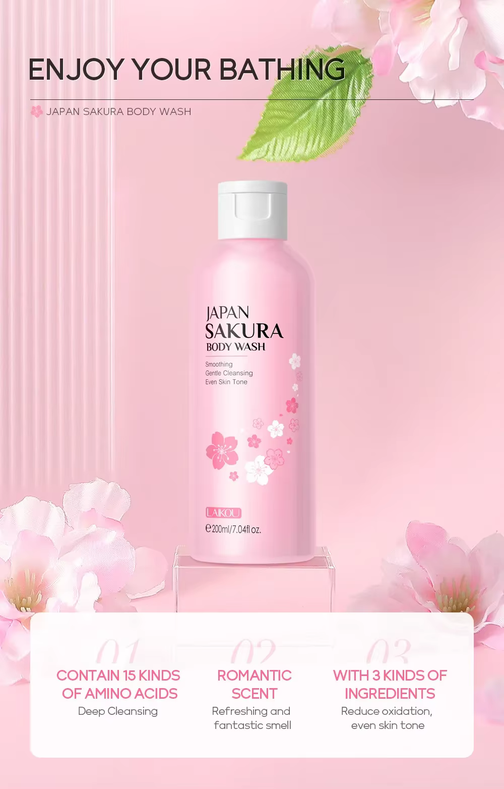 LAIKOU Sakura Gel douche longue hydratant lisse longue durée parfum mousse douce nettoyage du corps produit de bain 200ml