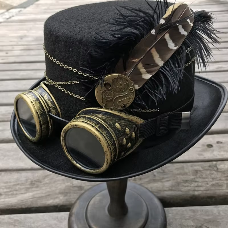 Steampunk chapeau haut-de-forme en feutre laine chapeau victorien avec lunettes plumes Costume unisexe casquette gothique