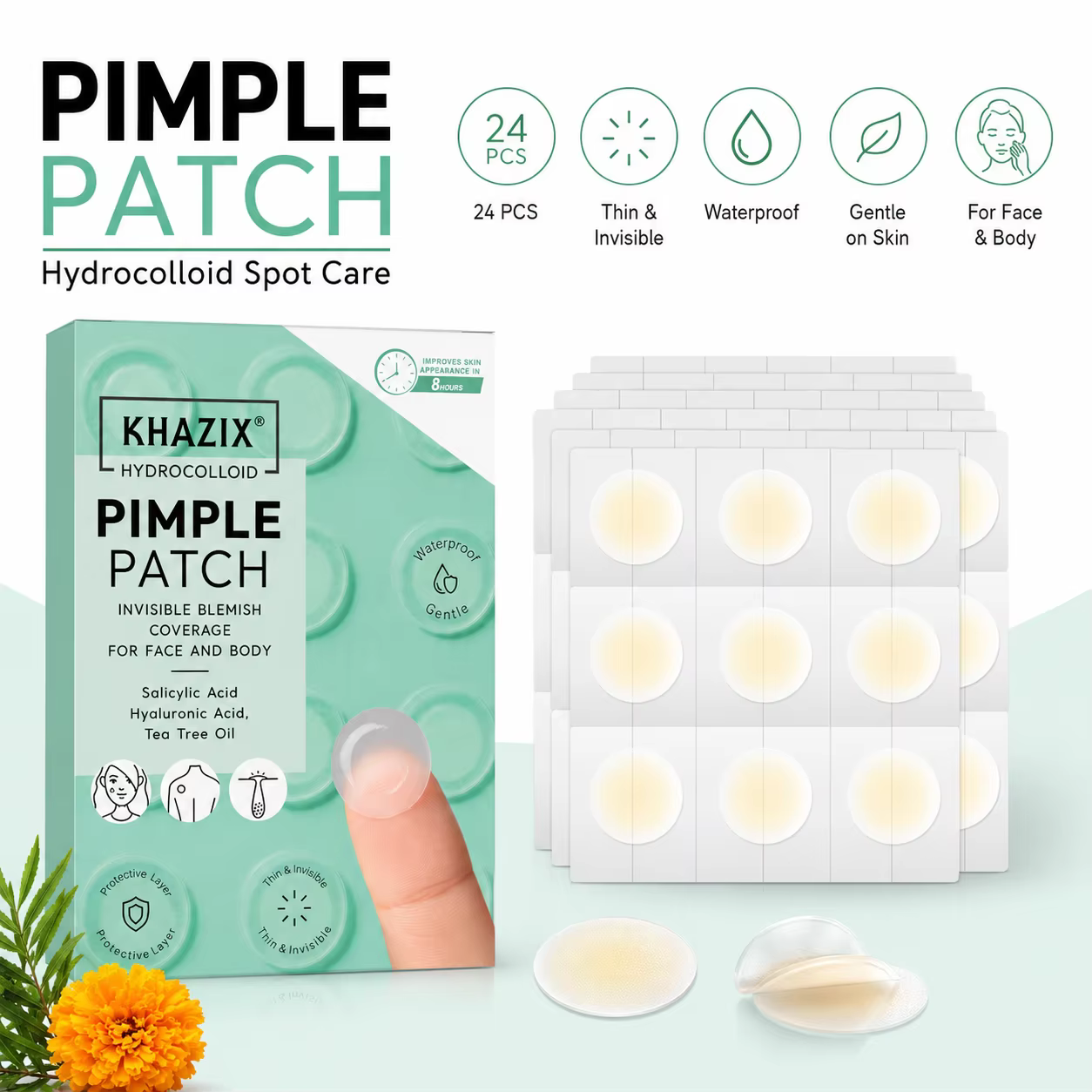 24 patchs hydrocolloïdes pour boutons avec acide salicylique, acide hyaluronique et huile d'arbre à thé, autocollants invisibles et imperméables pour couvrir les imperfections