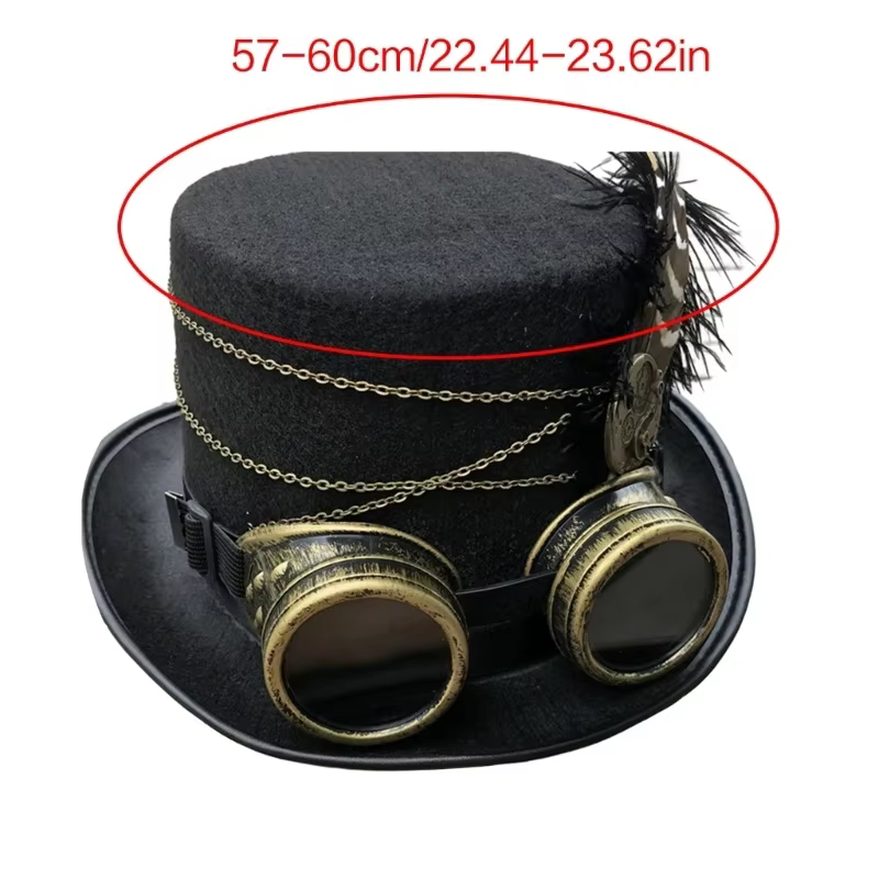 Steampunk chapeau haut-de-forme en feutre laine chapeau victorien avec lunettes plumes Costume unisexe casquette gothique