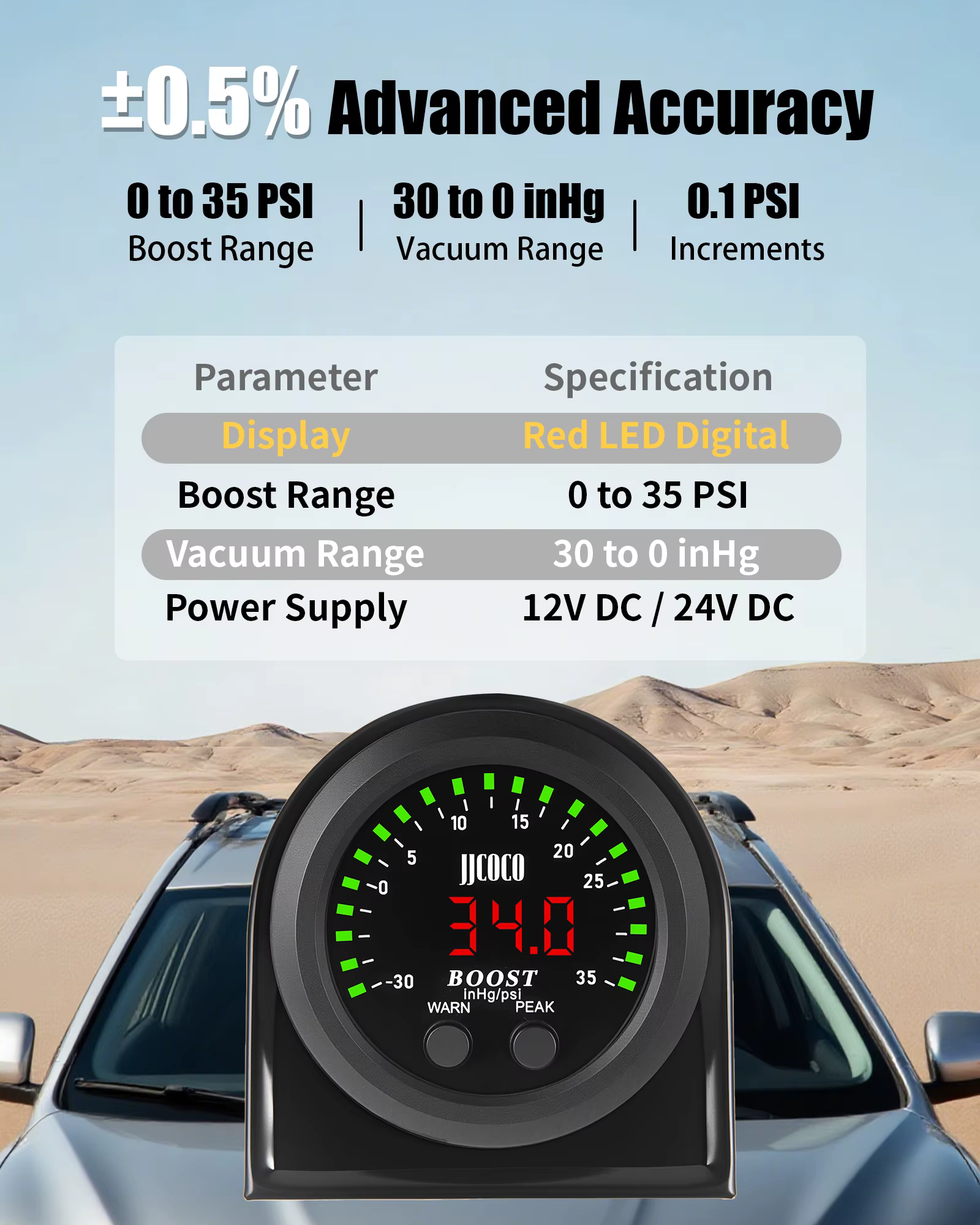 JJCOCO 52MM 2 ''série S jauge de suralimentation-30 ~ 35 PSI rond Ultra-mince avec lumière rouge affichage LED jauge de vide Turbo Boost mètre