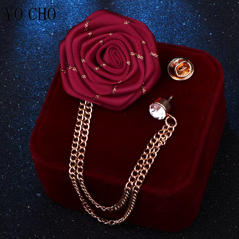 Broches de mariage pour hommes, Art en tissu, fleur de Rose faite à la main, Badge, chaîne à pampilles, accessoires de costume pour hommes, boutonnière de marié