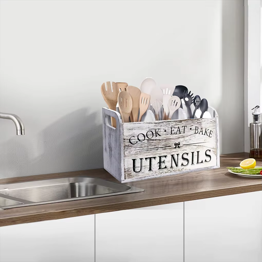 Porte-ustensiles de cuisine en bois, organisateur d'ustensiles, support de vaisselle à 3 compartiments avec trous de Drainage pour barres de collation largement utilisé