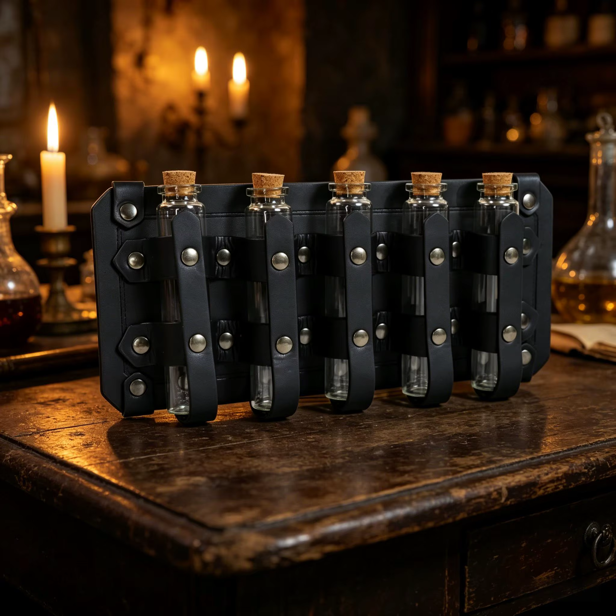 Porte-potions en cuir PU style steampunk, porte-flacons magiques pour sorcier avec 5 bouteilles en verre à bouchon, accessoires de costume de cosplay