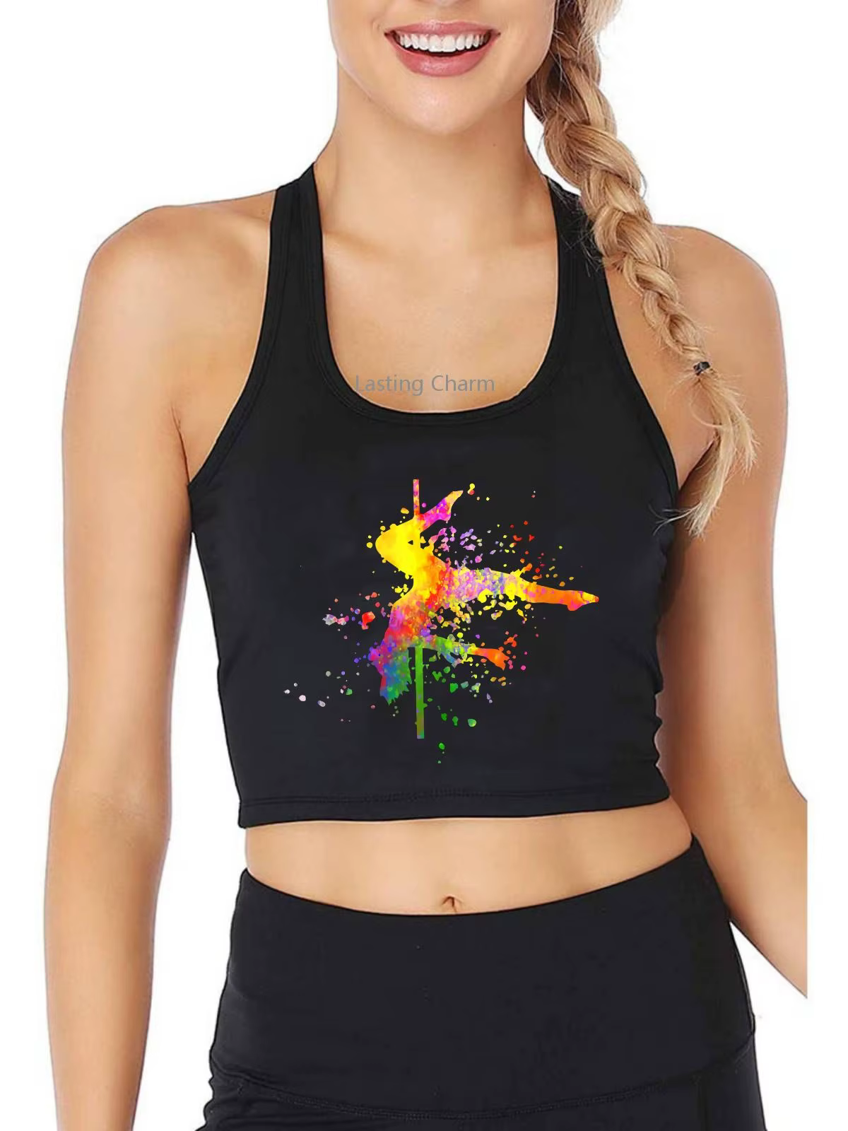 Pole Dance Bar Pole Dance Fitness Peinture Splatters Design Débardeurs Pole Dancer Sexy Respirant Entraînement Haut Court Gym Camisole