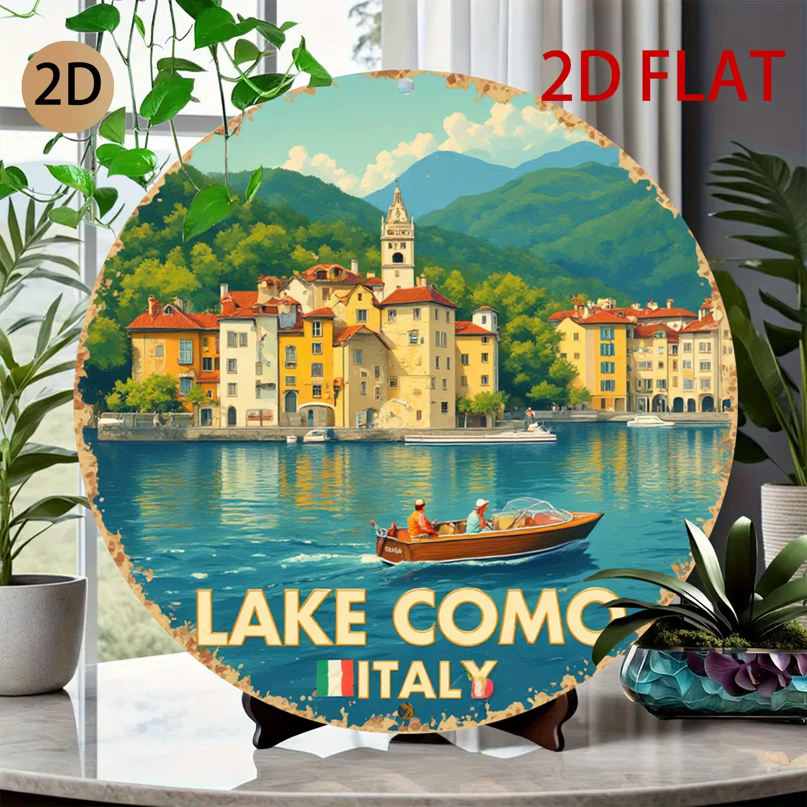 Décoration murale en métal sur le thème du lac de Como en Italie - Plaque en étain rétro, idéale pour la maison ou la décoration sur le thème du voyage - Décoration murale vintage avec paysage italien