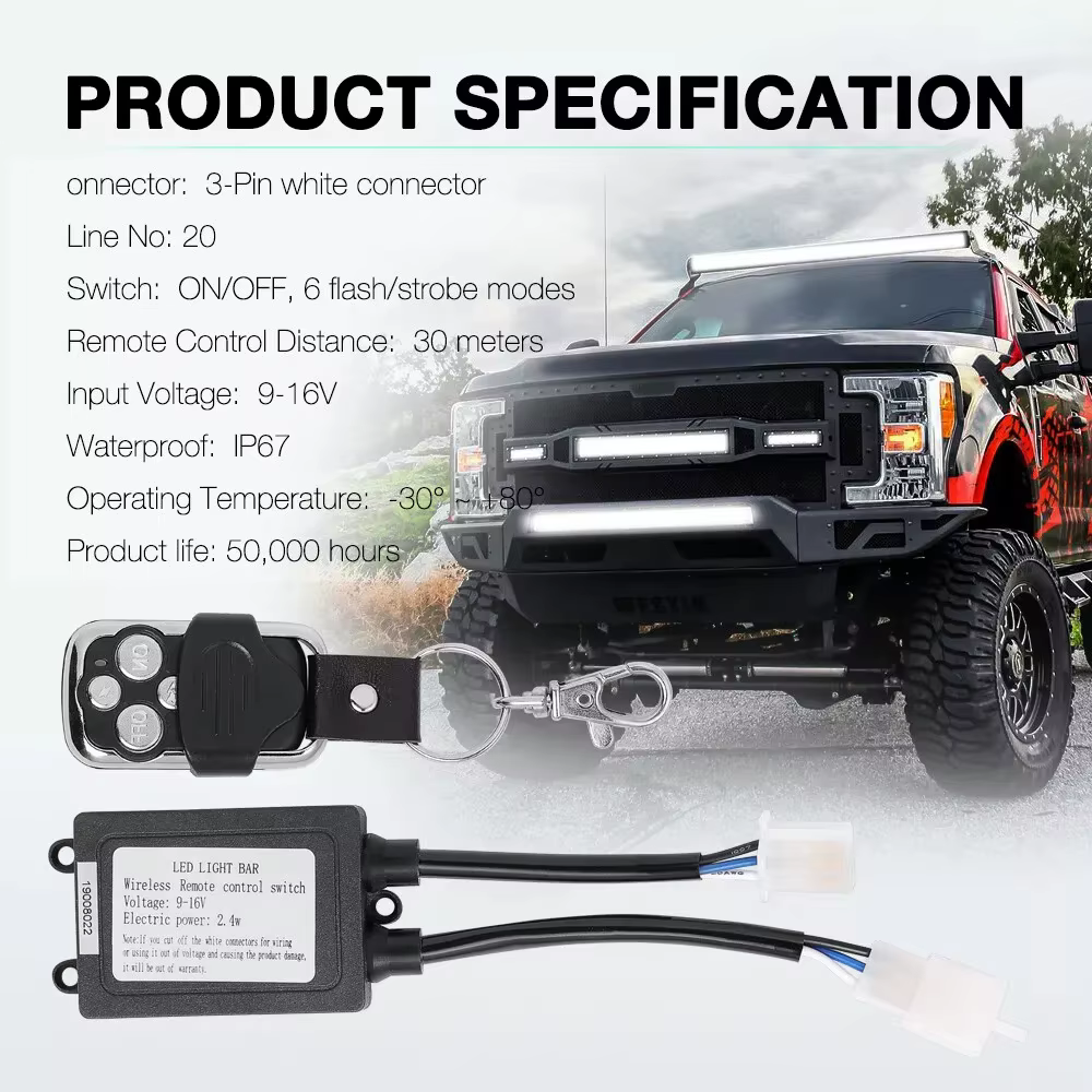Barre lumineuse de travail LED, interrupteur stroboscopique à distance sans fil pour Kit de faisceau de câbles, camion tout-terrain, pick-up, ATV, UTV, bateau, SXS, RZR, voiture Marine 12V