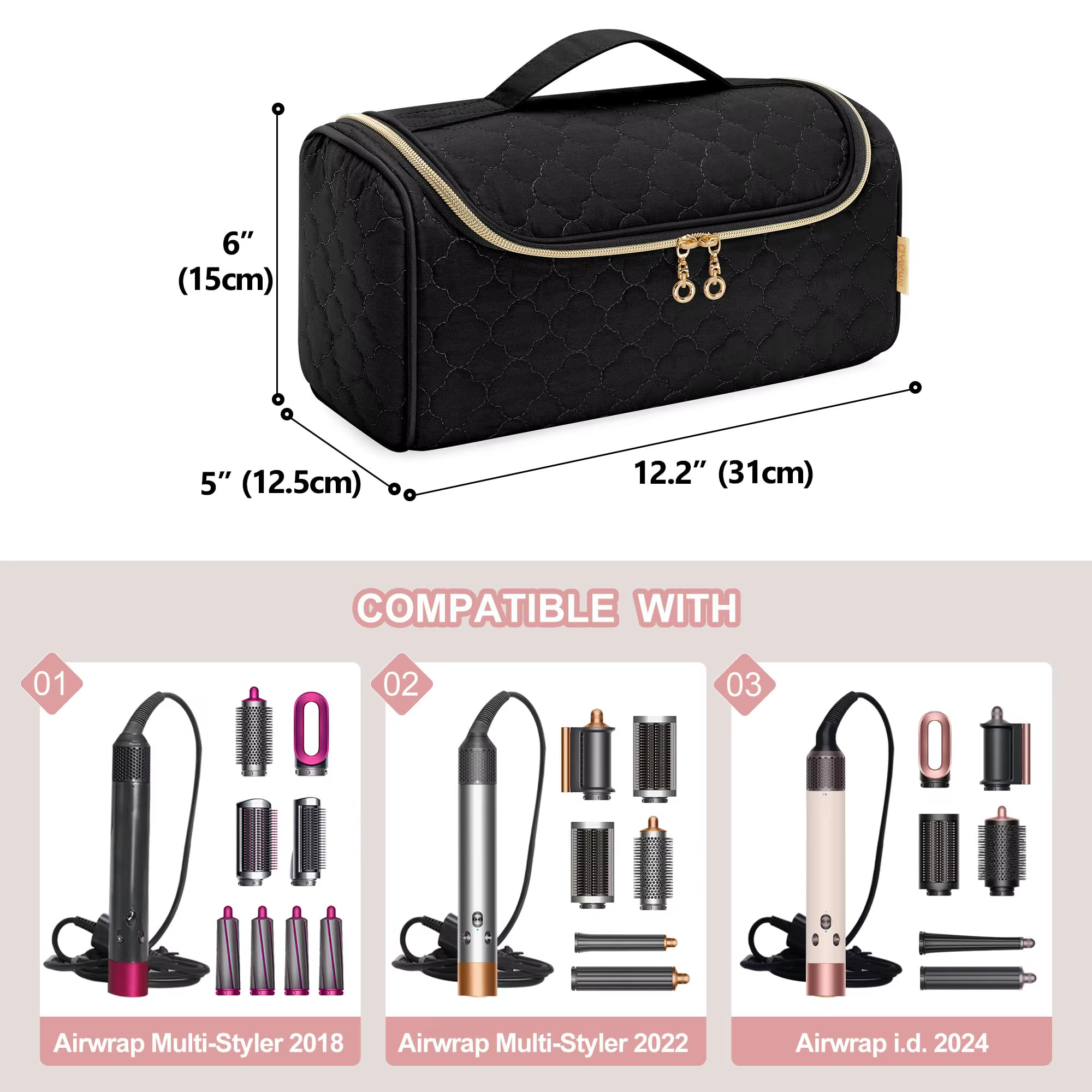 Étui de voyage compatible pour Dyson Airwrap Multi-Styler tous les modèles et accessoires, sac de rangement portable avec crochet de suspension noir