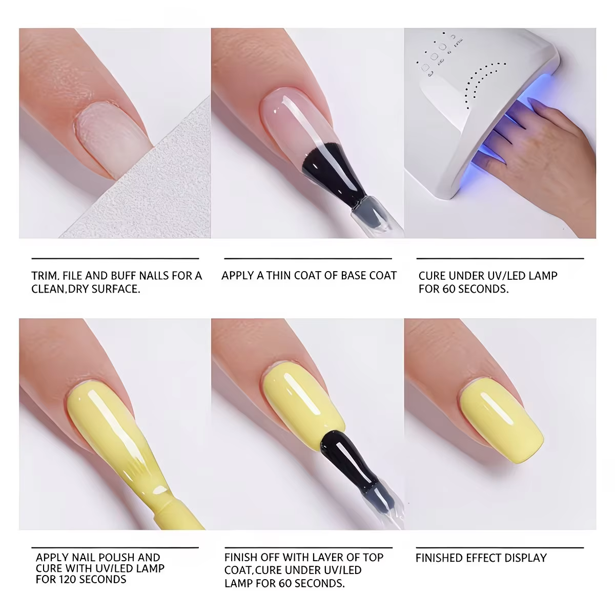 Vernis à ongles jaune citron, gel haute brillance, couleur intense, longue tenue sans décoloration, sans alcool, texture liquide.