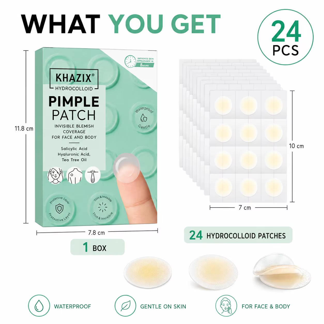 24 patchs hydrocolloïdes pour boutons avec acide salicylique, acide hyaluronique et huile d'arbre à thé, autocollants invisibles et imperméables pour couvrir les imperfections
