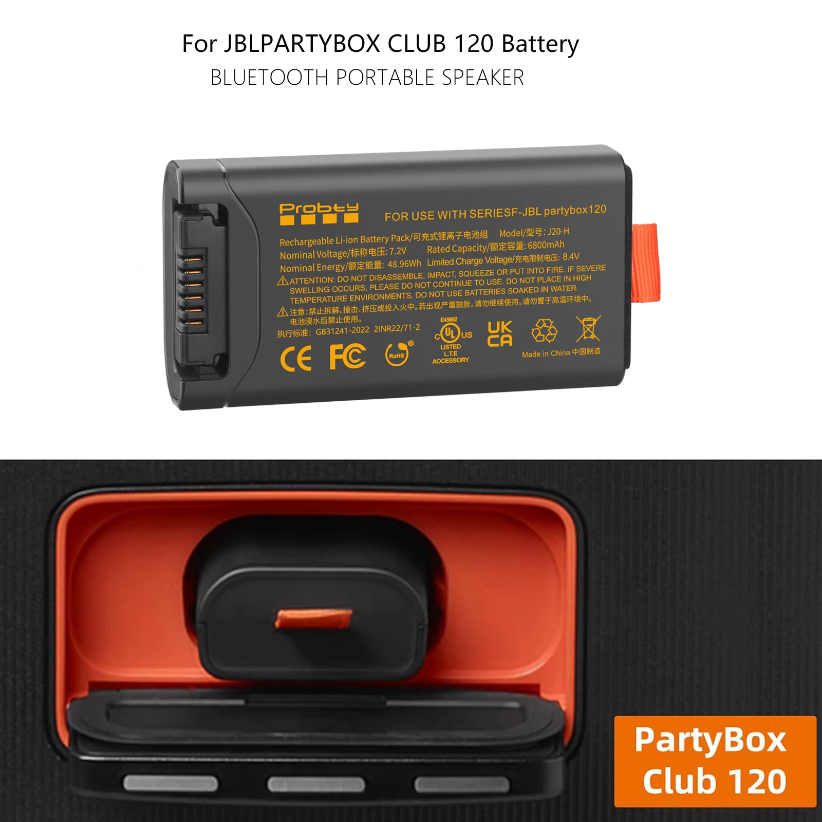 Batterie de remplacement 6800mAh pour batterie JBL 200, Compatible avec le haut-parleur Portable JBL PartyBox Club 120 uniquement