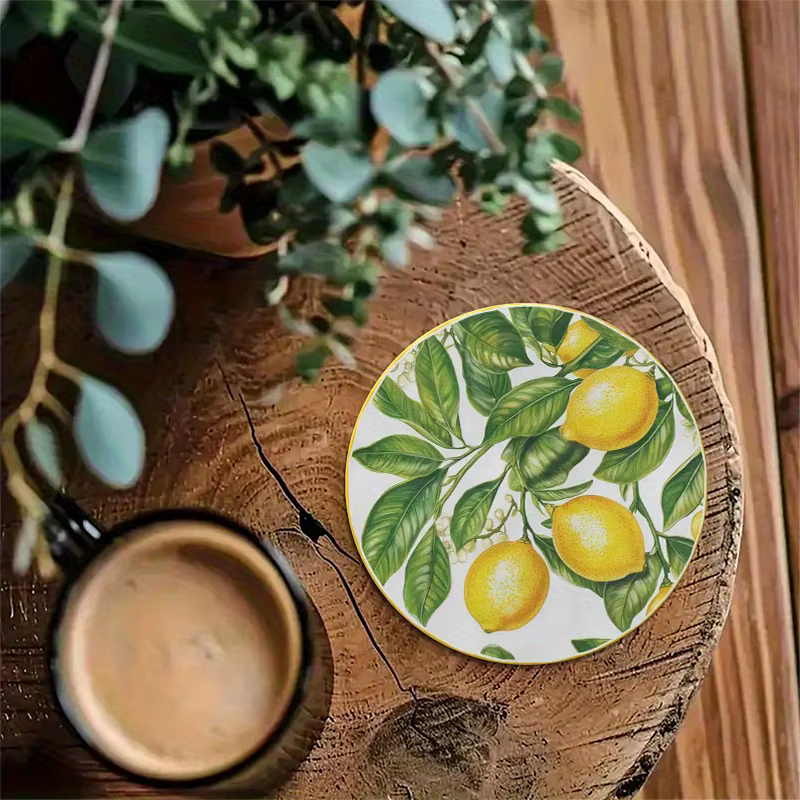 Sous-verre en bois thème citron 2D, protection de bureau naturelle et fraîche, isolation thermique, antidérapant pour café, bureau, bar, décoration intérieure
