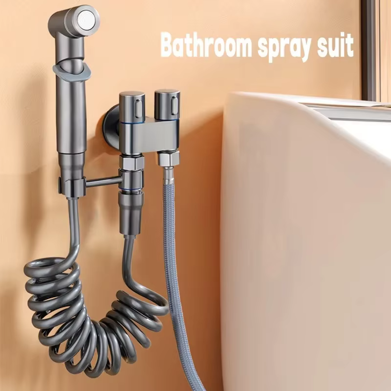 Kit de pulvérisation pour toilettes, douchette bidet portable à main, accessoires de robinetterie avec vanne d'angle à double sortie