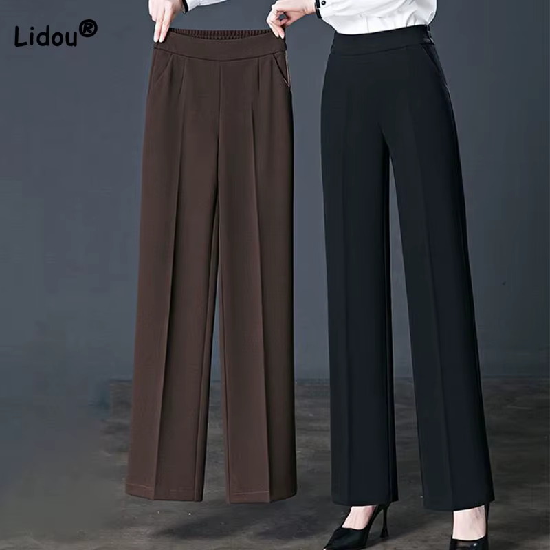 Pantalon élastique taille haute décontractée, couleur unie, vêtements pour femmes, poches simples assorties avec tout, droit, printemps-automne