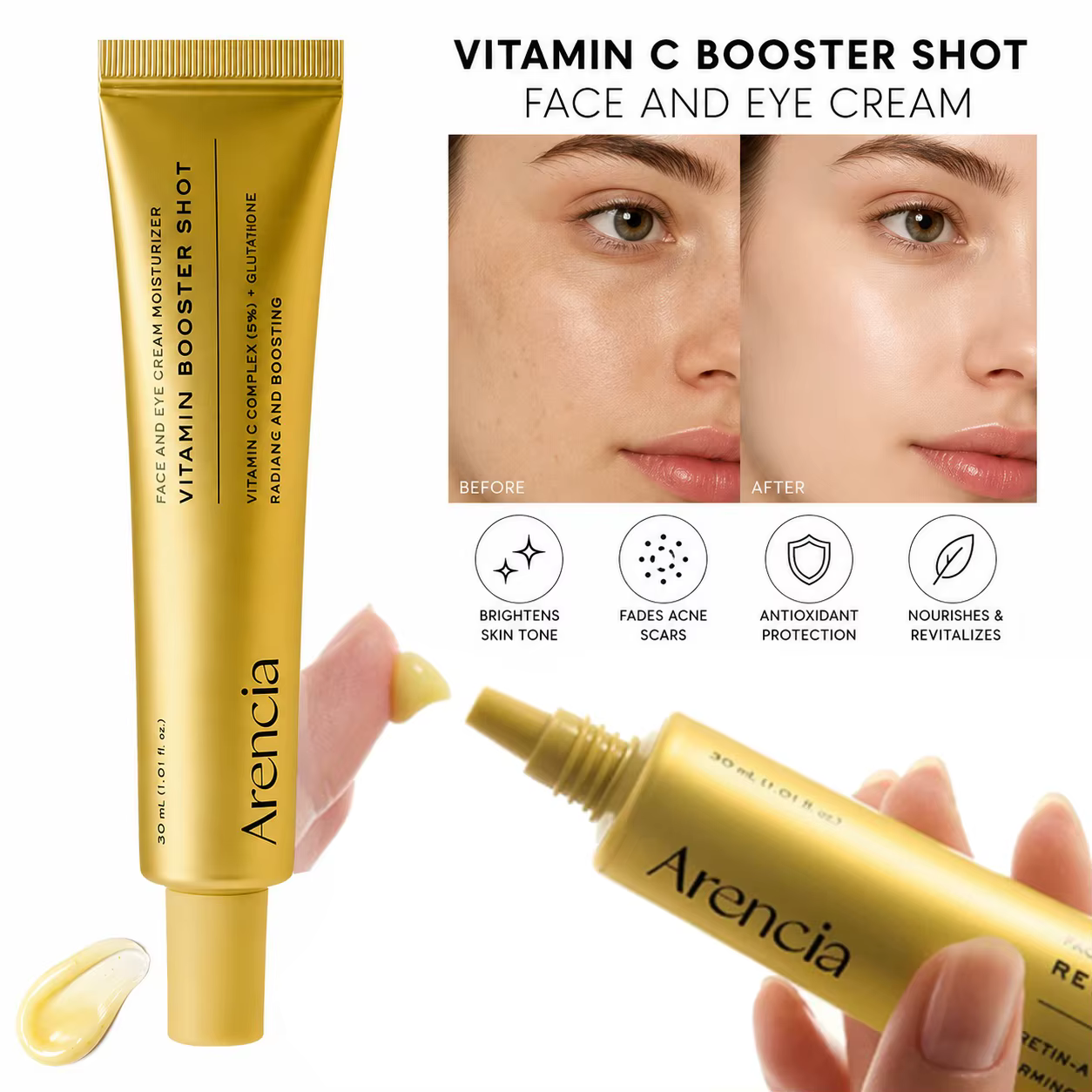 Sérum Visage et Yeux Arencia Retinal Booster Shot Essence à la Caféine et Antioxydant – Raffermissant, Anti-Imperfections, Lissant les Pores et les Ridules, Soin de la Peau du Visage