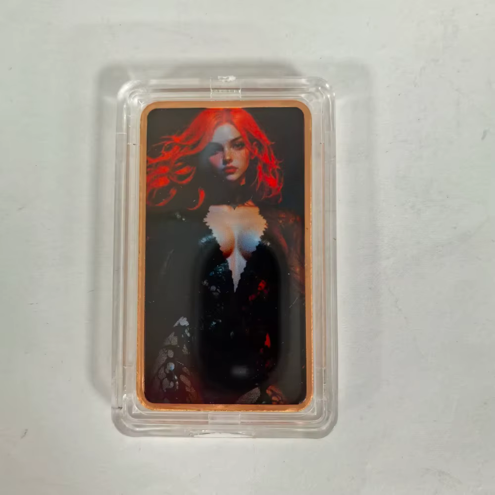 Barre de cuivre pur 0,999 de 1 oz, motif Sorcière aux cheveux roux et pierre bleue, Bijou d'art fantastique, Collection de lingots de cuivre pur, Cadeau