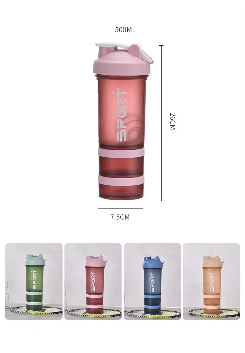 Bouteille Shaker de poudre de protéines d'eau de sport à 3 couches de 500ML