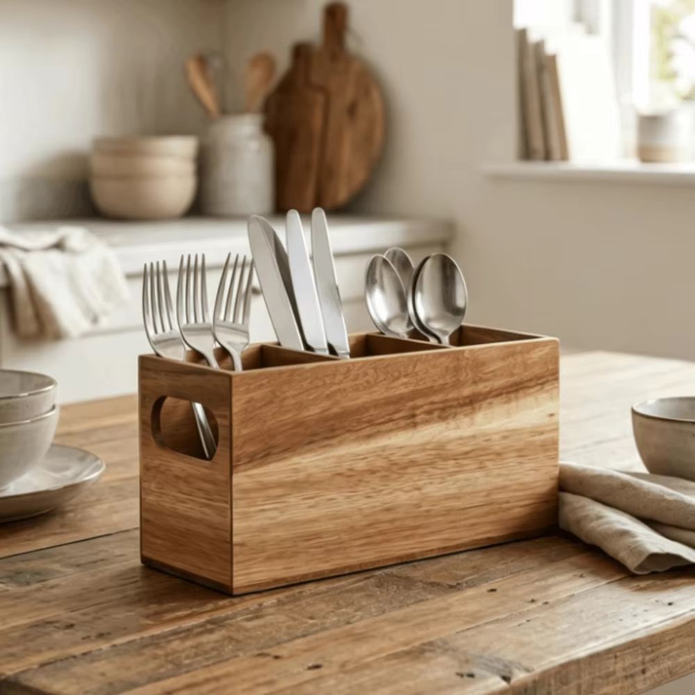 Organisateur d'ustensiles de cuisine en bois à 3 compartiments, support de rangement durable, boîte de rangement rustique pour couverts, gain de place, pour comptoir