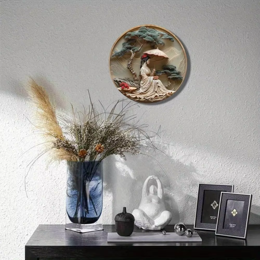 Femme élégante ronde en aluminium avec parapluie, art mural, étanche, pré-percé, haute qualité, décoration intérieure et extérieure, 8 po, 11,8 po