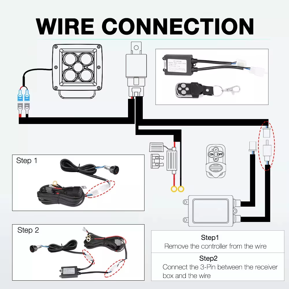 Barre lumineuse de travail LED, interrupteur stroboscopique à distance sans fil pour Kit de faisceau de câbles, camion tout-terrain, pick-up, ATV, UTV, bateau, SXS, RZR, voiture Marine 12V