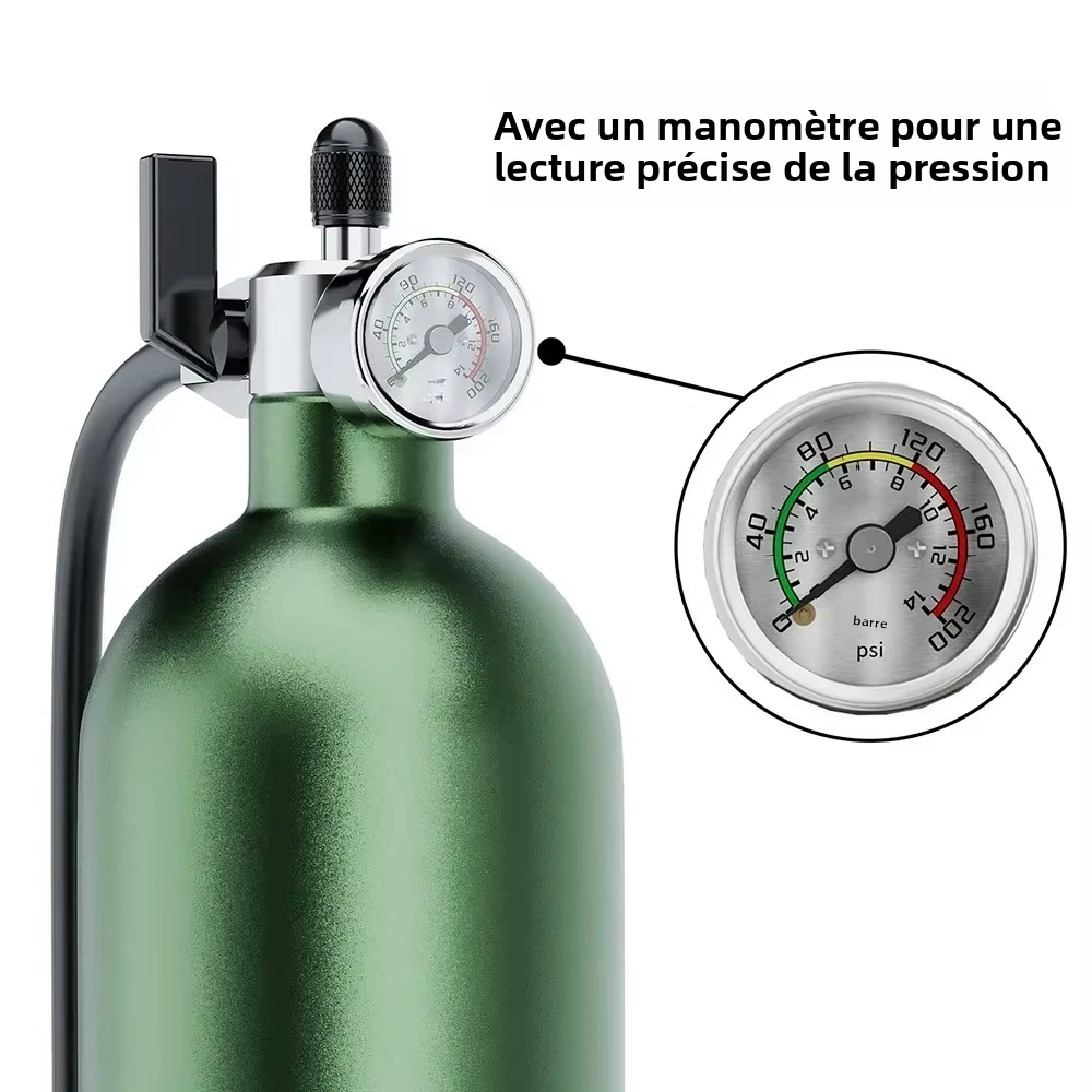 Bouteille d'air en aluminium 1,3 L 200 PSI pour gonflage de pneus, avec valve, cylindre de gaz et manomètre transparent pour vélo et tubeless
