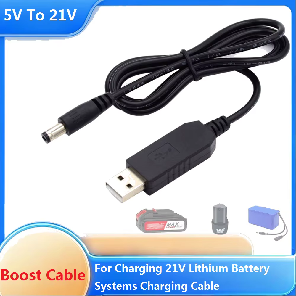 Câble de suralimentation 5V à 21V, câble de charge dédié pour batterie au lithium 21V, interface DC 5,5x2,5 mm, adaptateur USB, câble de chargeur