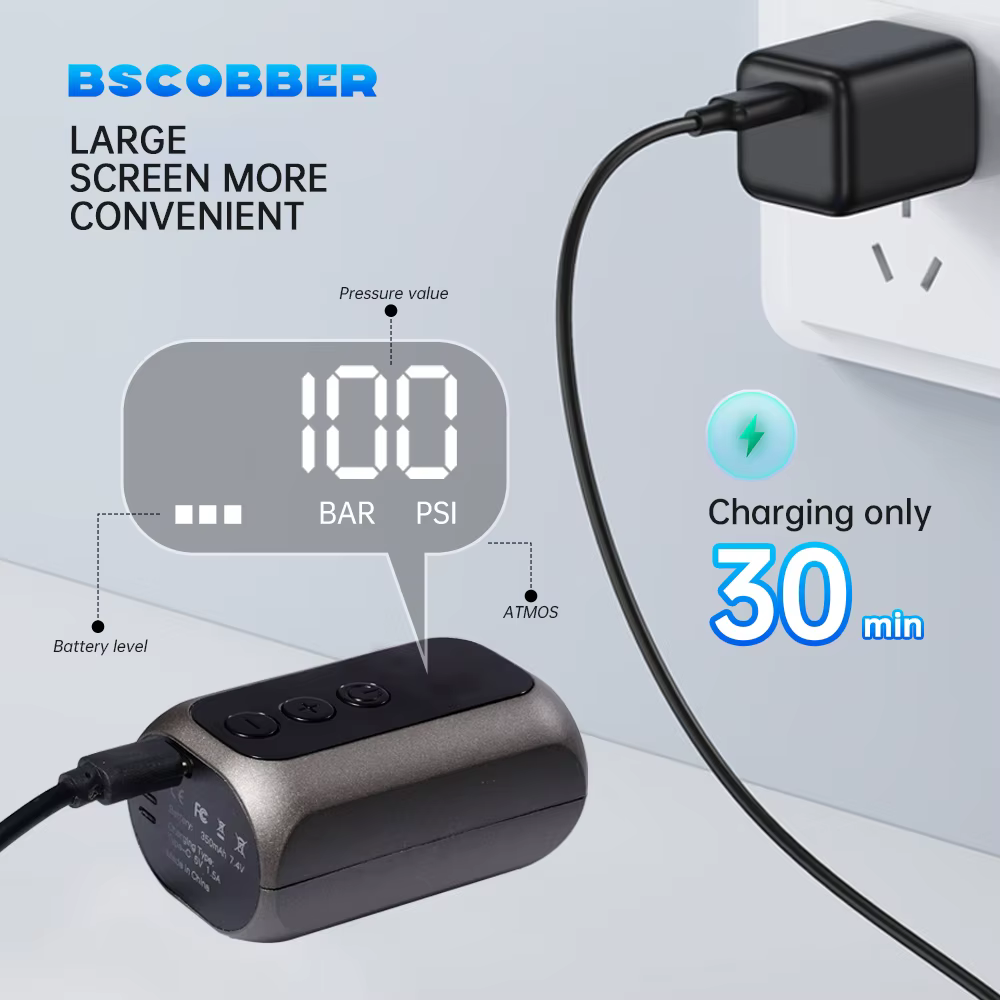 BSCOBBER Pompe à Air Électrique Portable 4-en-1 pour Pneus de Vélo, Outil de Cyclisme, Accessoires de Pompe à Air pour Vélo 100PSI avec Affichage