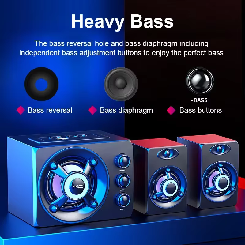 Haut-parleurs stéréo 3D hi-fi, lumière lourde LED colorée, AUX, USB, filaire, sans fil, Bluetooth, Audio, Home cinéma, barre de son Surround, TV
