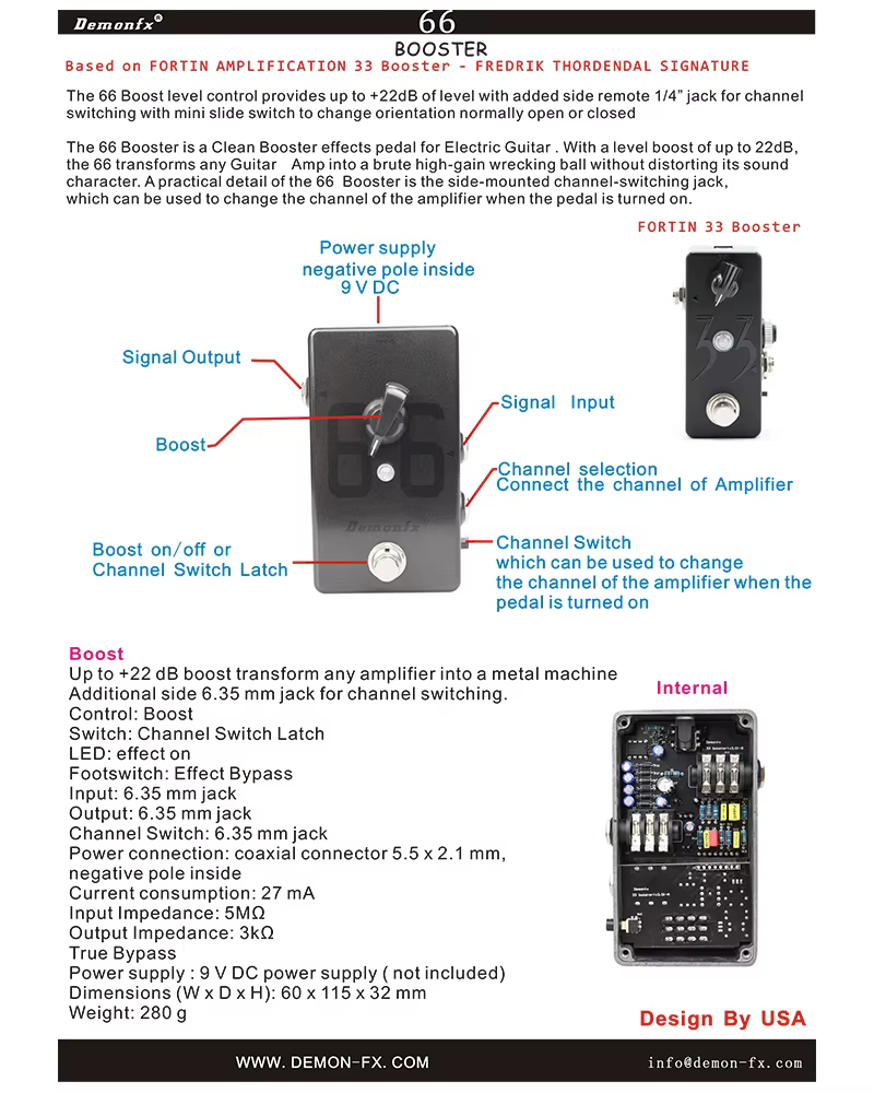 Pédale d'effet de guitare Demonfx 66 Boost Clean, commutateur de canal d'amplificateur, basé sur Fortin 33 Boost, haute qualité, nouveau