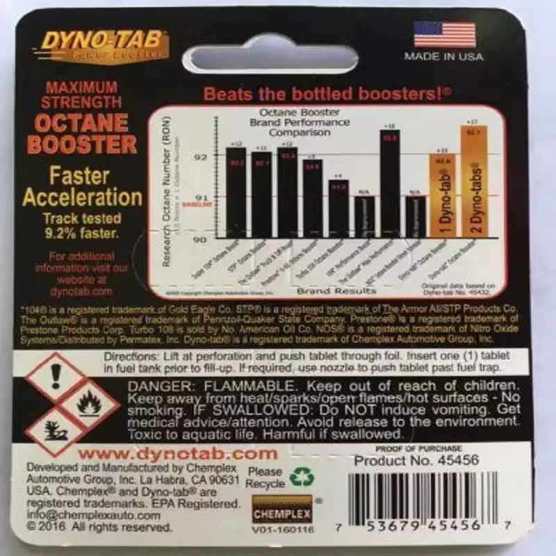 Dynotab ® La carte de surpression HP Octane pour l'essence est uniquement maximise la puissance augmente l'économie du carburant élimine les coups et le Ping fabriqué aux États-Unis