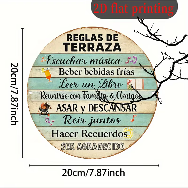Panneau rond en aluminium, plaque vintage avec règles de patio pour jardin, balcon, terrasse, bar, café, restaurant, en métal, en espagnol
