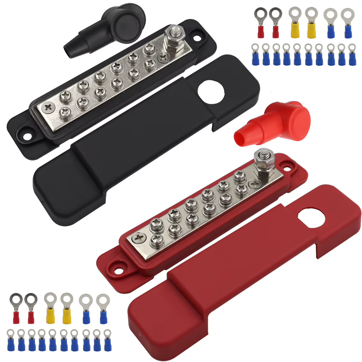 Bloc de Distribution à 12 bornes, barre omnibus DC 48V 12P, barres de câblage avec couvercles + bornes à anneau pour Automobiles, camping-car, Yacht