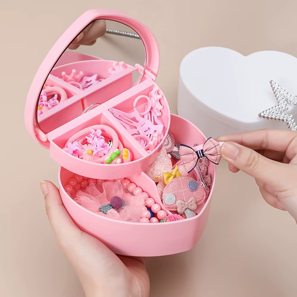 Boîte d'accessoires pour cheveux, rangement de bijoux avec miroir, pinces à cheveux roses, organisateur d'élastiques pour filles et enfants, étui de voyage Portable