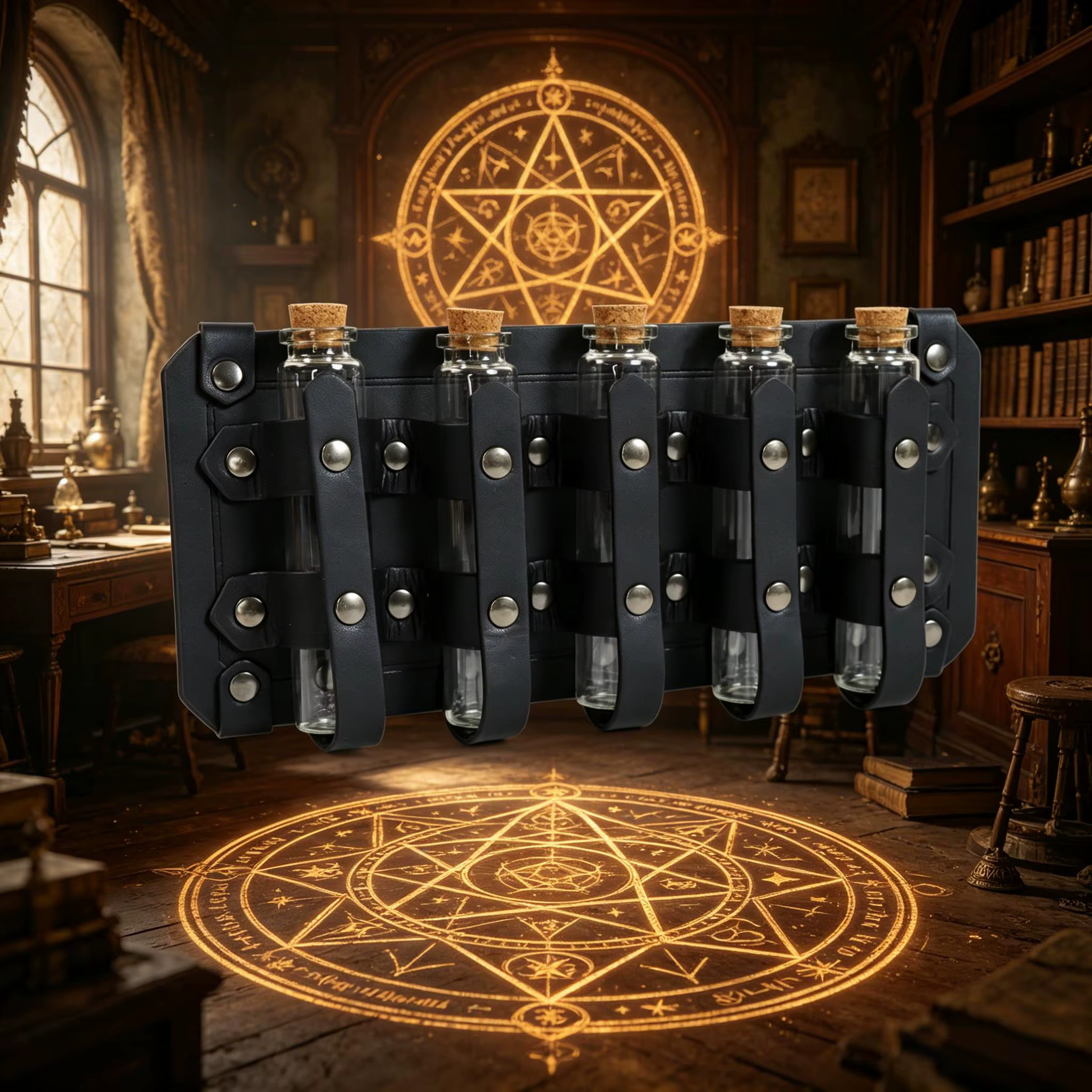Porte-potions en cuir PU style steampunk, porte-flacons magiques pour sorcier avec 5 bouteilles en verre à bouchon, accessoires de costume de cosplay