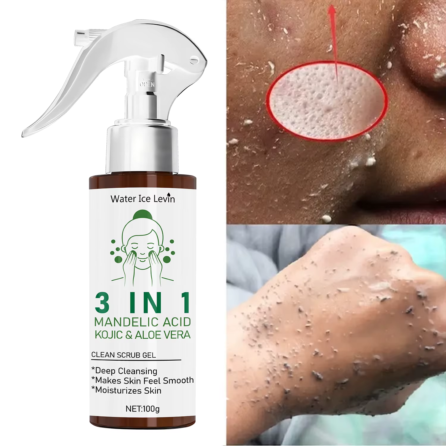 Gel exfoliant 3 en 1 Mandelic Acid & Kojic Clean à l'aloe vera – Nettoyage en profondeur et hydratant pour une peau lisse et sûre