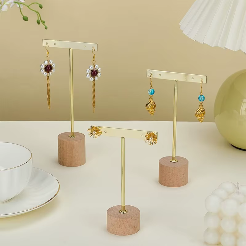 Présentoir de boucles d'oreilles en métal, support à bijoux avec Base ronde en bois, supports suspendus pour boucles d'oreilles, organisateur de bijoux