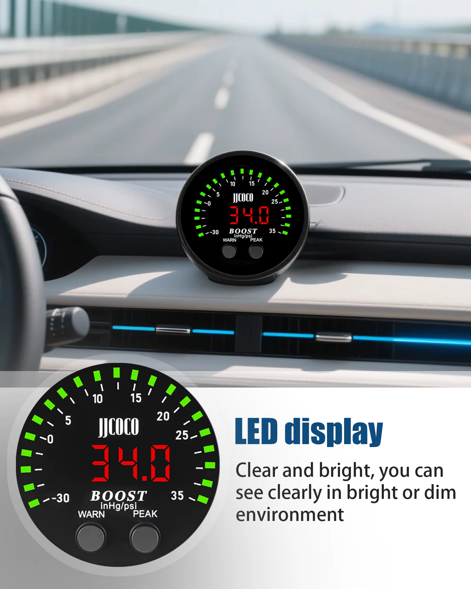 JJCOCO 52MM 2 ''série S jauge de suralimentation-30 ~ 35 PSI rond Ultra-mince avec lumière rouge affichage LED jauge de vide Turbo Boost mètre