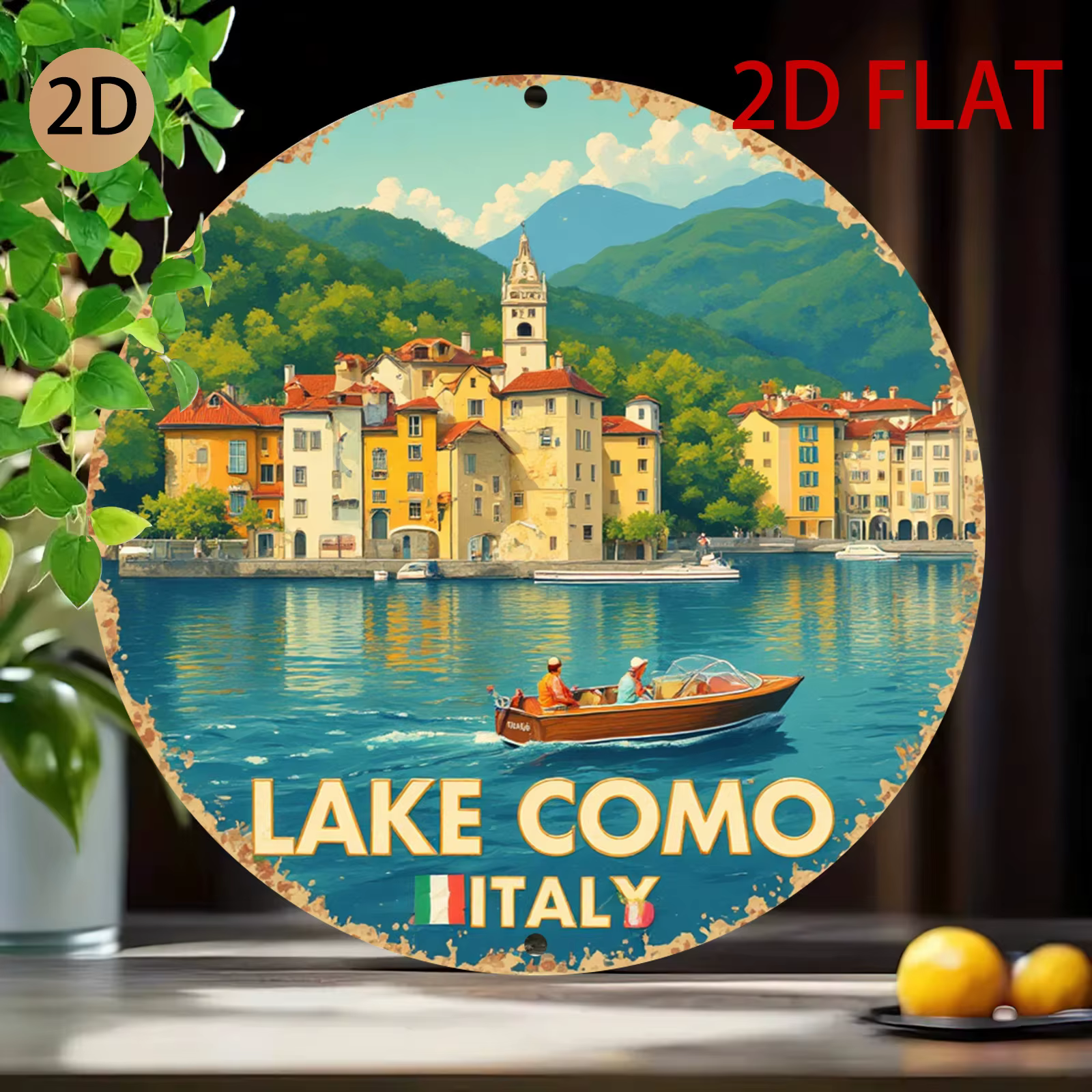 Décoration murale en métal sur le thème du lac de Como en Italie - Plaque en étain rétro, idéale pour la maison ou la décoration sur le thème du voyage - Décoration murale vintage avec paysage italien
