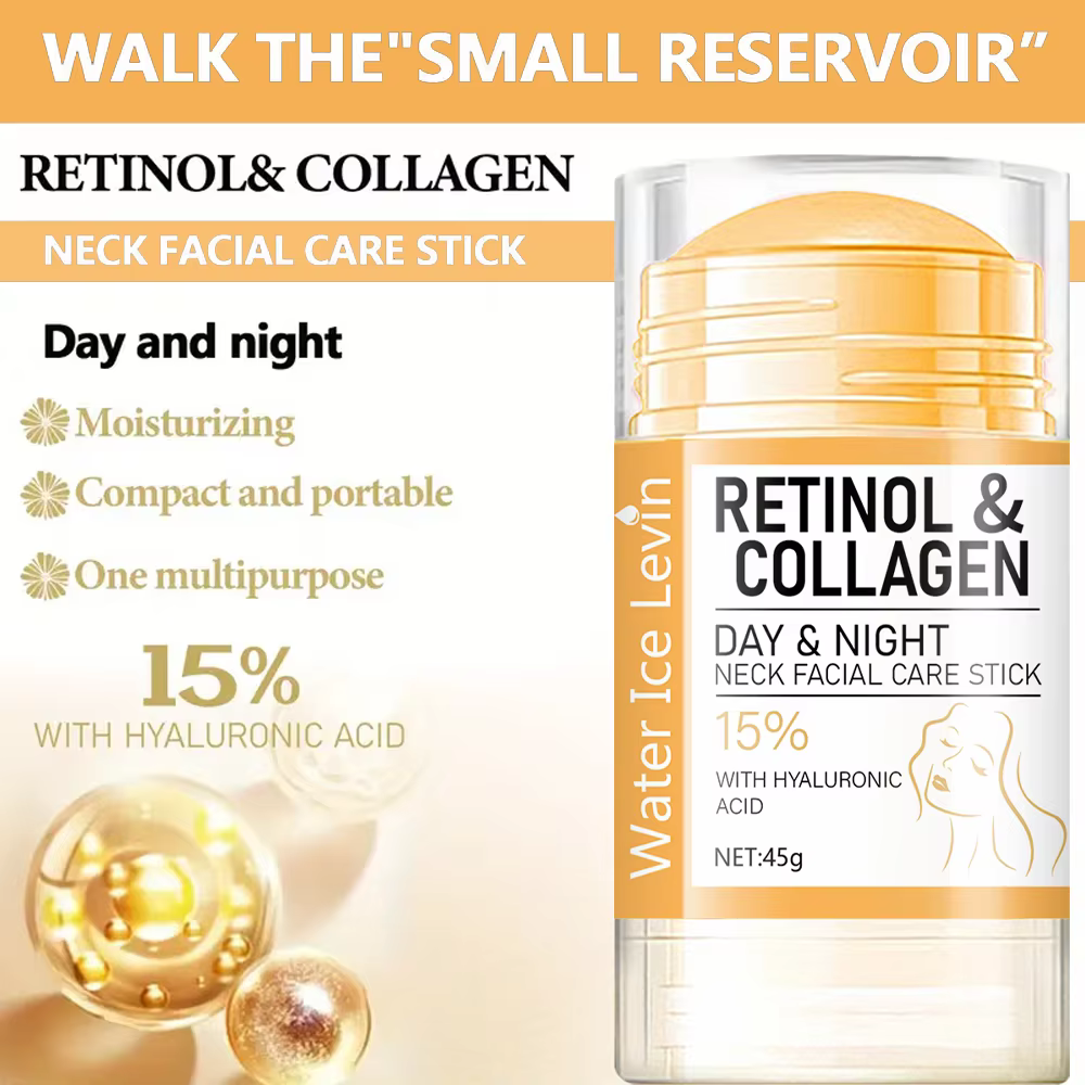 Stick de soin pour le cou et le visage au rétinol et au collagène. Hydratation jour et nuit. Boost d'acide hyaluronique à 15 %. Humidificateur portable multifonctionnel. 45g