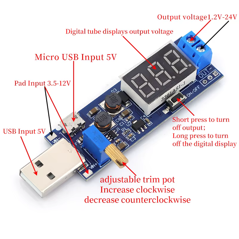 Convertisseur Boost Buck USB, Module d'alimentation élévateur/bas DC-DC 5V à 3.3V / 12V, sortie réglable DC 1.2V-24V