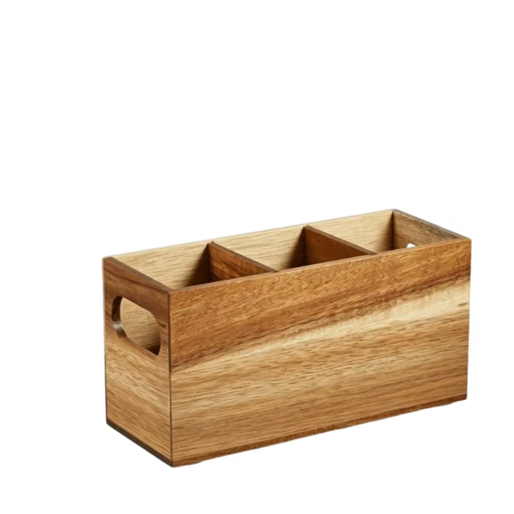 Organisateur d'ustensiles de cuisine en bois à 3 compartiments, support de rangement durable et rustique pour couverts, gain de place