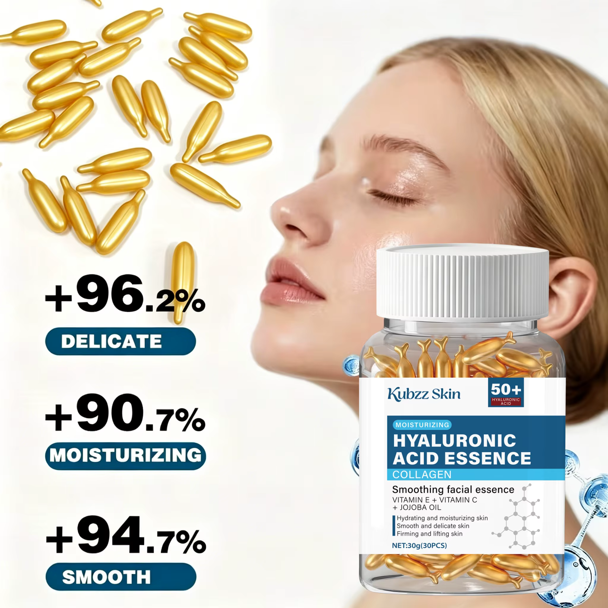 Capsule hydratante en profondeur à l'acide hyaluronique, hydrate et lisse la peau, contient du collagène, de l'huile de jojoba synthétique et de l'acide ascorbique.