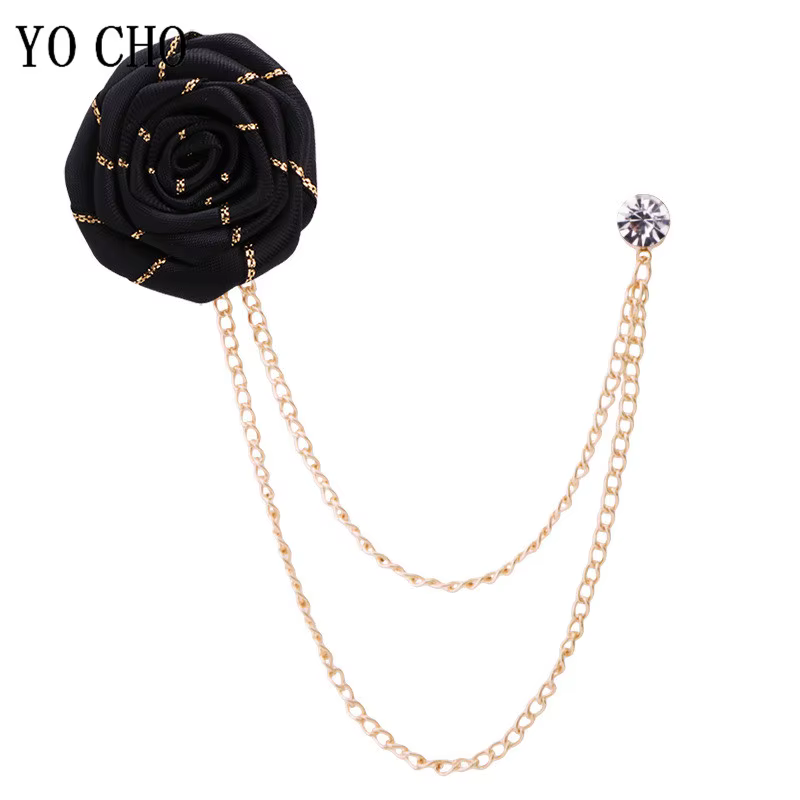 Broches de mariage pour hommes, Art en tissu, fleur de Rose faite à la main, Badge, chaîne à pampilles, accessoires de costume pour hommes, boutonnière de marié