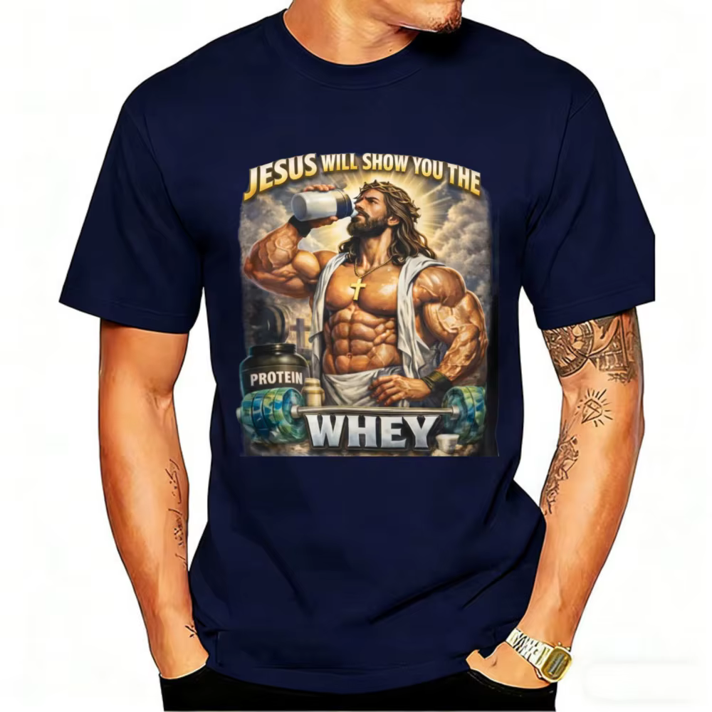 Holding Protein Shake Tee Jesus Will Show You The Whey' Muscle Christian Workout Col rond Style décontracté Manches