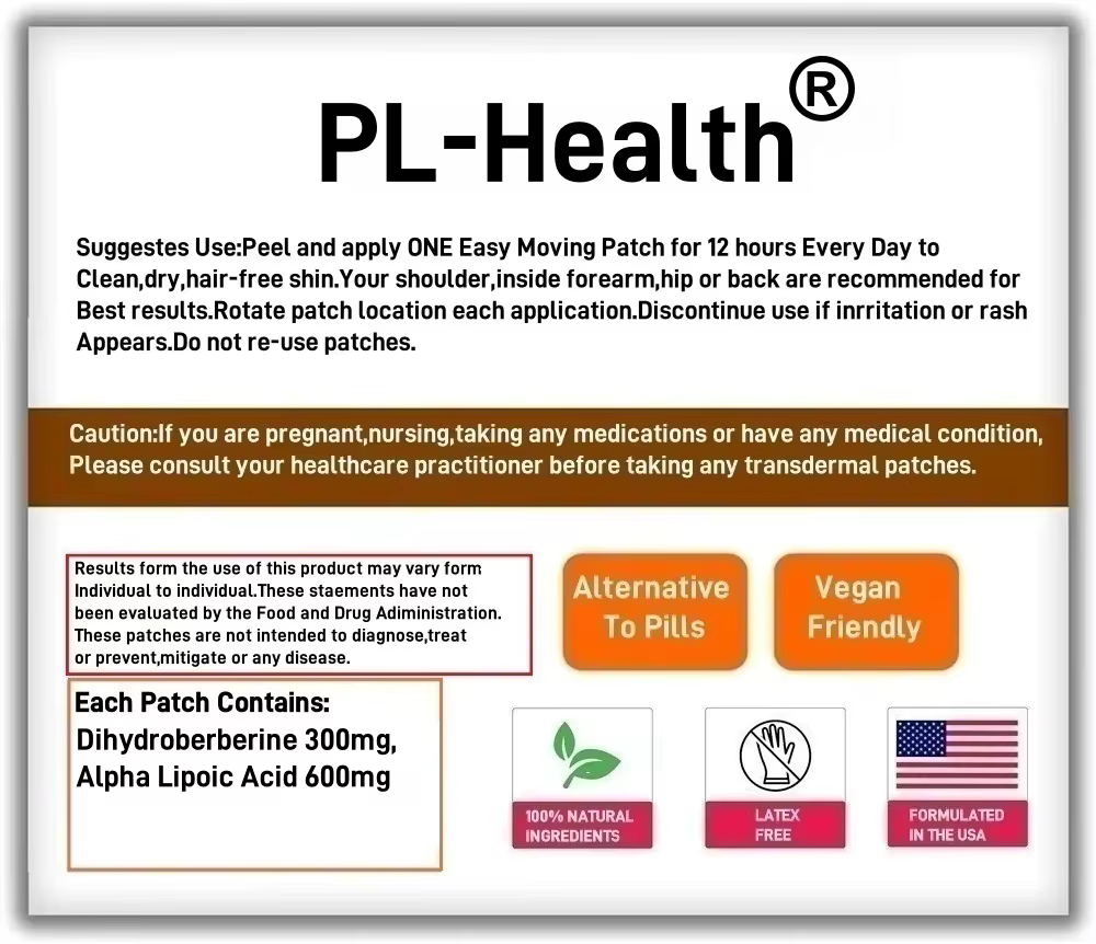 30 Patchs Transdermiques de Dihydroberbérine avec Acide Alpha-Lipoïque pour Soutenir la Santé Cellulaire