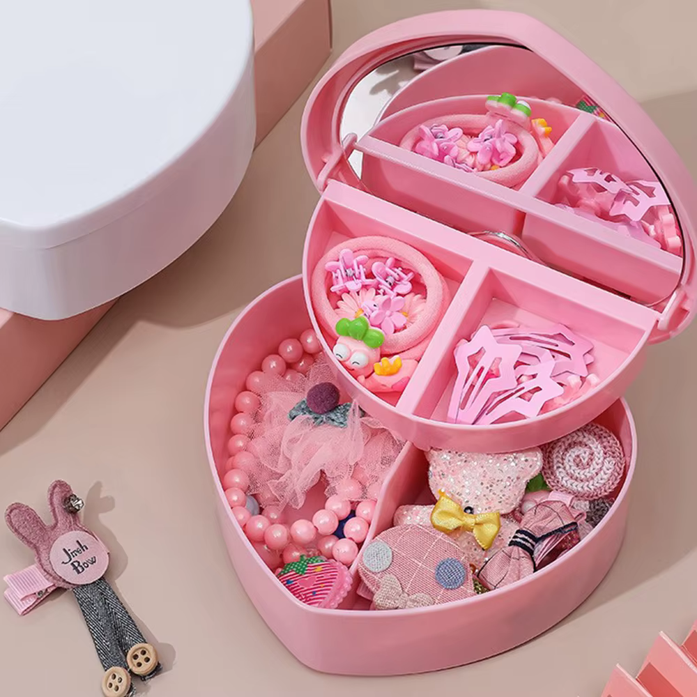 Boîte d'accessoires pour cheveux, rangement de bijoux avec miroir, pinces à cheveux roses, organisateur d'élastiques pour filles et enfants, étui de voyage Portable