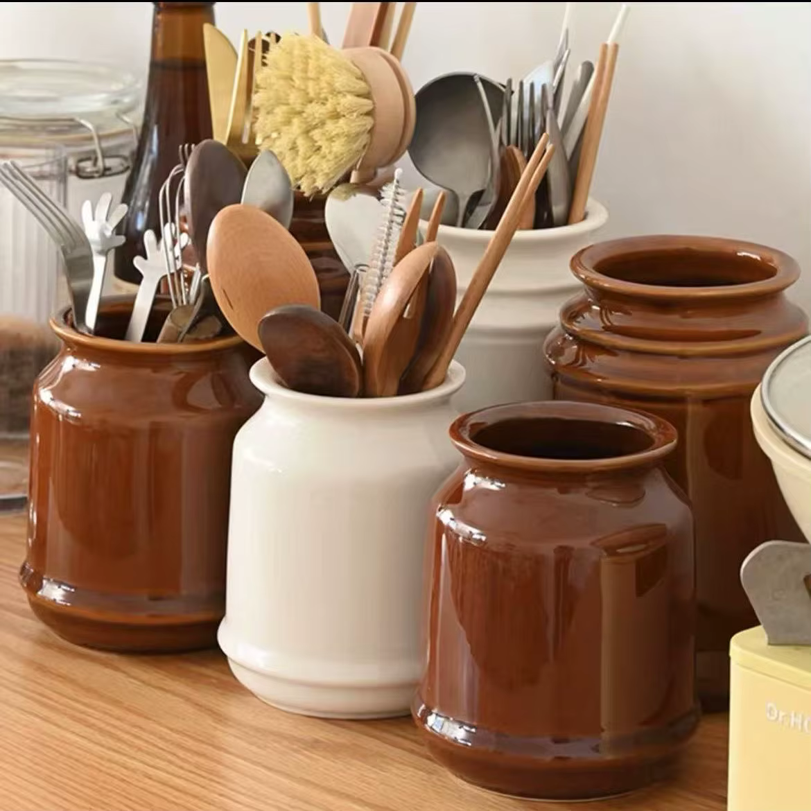 Porte-ustensiles de cuisine, porte-ustensiles de cuisine en céramique pour comptoir, organisateur de rangement pour spatule cuillère et fourchette pot de rangement